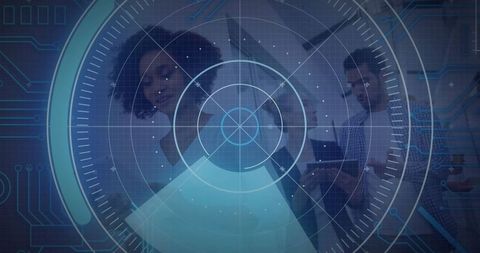 Digital Radar Overlay in Modern Office Setting with Diverse Team