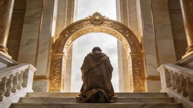 Kneeling cloaked figure under gilded baroque arch on marble staircase landing, majestic