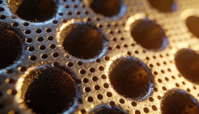 Macro perforated metal plate showing fibrous recess edges, warm golden and cool blue glow