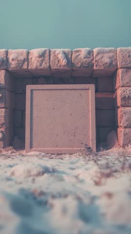 Framing weathered stone slab in brick niche with shifting sand vertical video