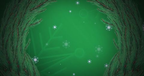 Festive Christmas Wreath with Falling Snowflakes on Green Background