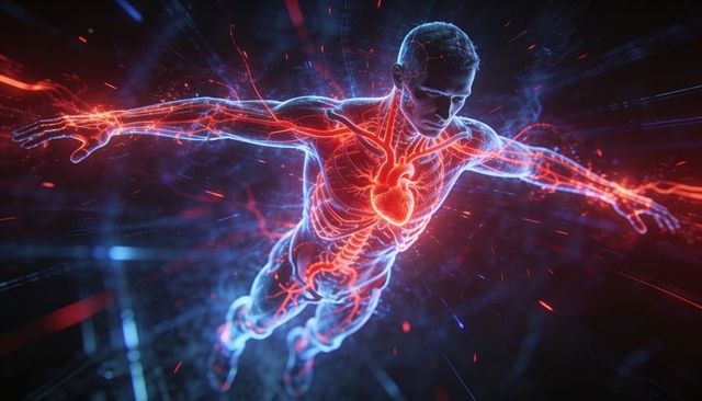 Translucent human racing through neon cyber grid, glowing heart and vascular energy