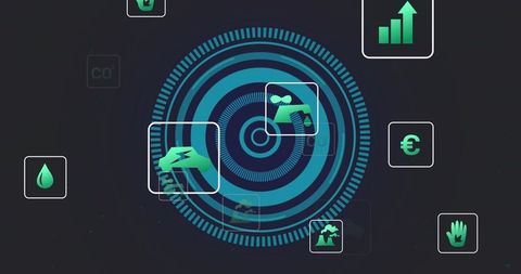 Concentric dashboard visualizing water, energy, emissions and financial metrics