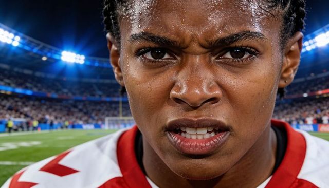 Intense female soccer player close-up sweating and focusing during night stadium match