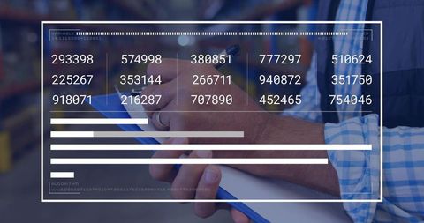 Warehouse Technician Checking Inventory with Digital HUD Overlay Showing Stock Data