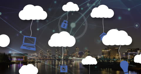 Digital Cloud Network Over Cityscape Illustrating Connectivity