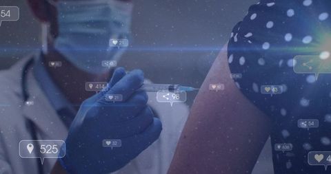 Nurse administering vaccine into patient arm with digital social engagement and data overlays