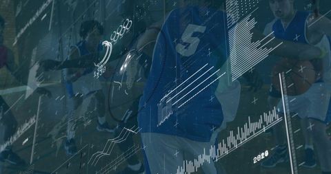 Driving player in blue jersey 5 powering to basket with hud analytics overlay and motion data