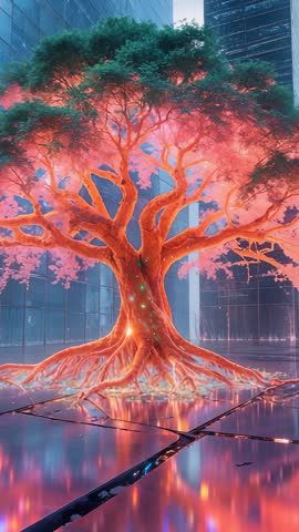 Futuristic Bioluminescent Tree Pulsing Green Nodes in Urban Courtyard Vertical Video