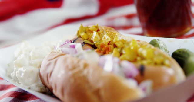 Close-Up of a Delicious Hot Dog with Relish and Onions - Download Free Stock Images Pikwizard.com