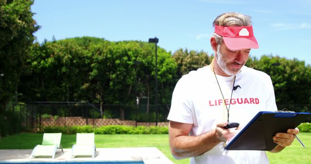 Middle-Aged Male Lifeguard Standing by Pool Holding Clipboard Outside - Download Free Stock Images Pikwizard.com