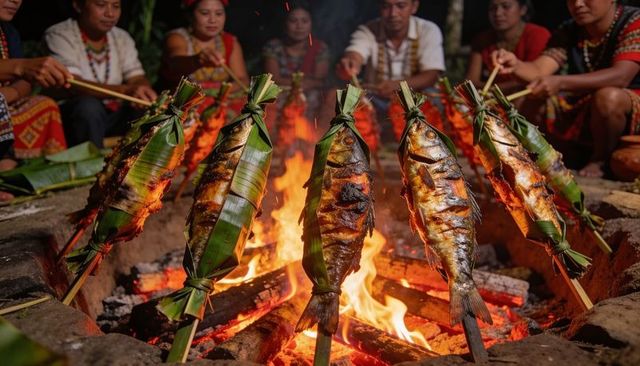 Community roasting banana-leaf wrapped fish over open fire, traditional night celebration