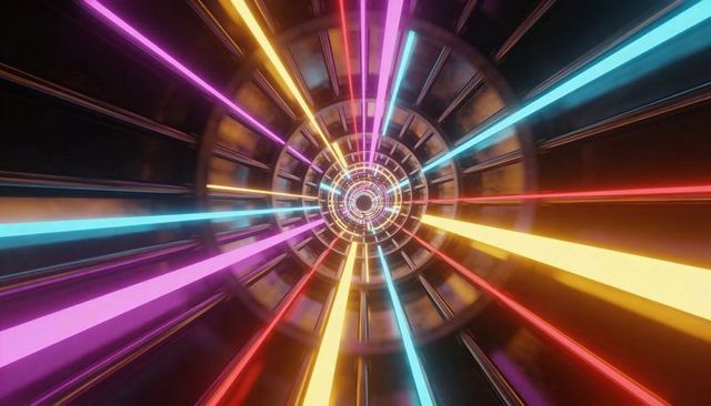 Neon light tunnel racing through futuristic metal rings, radial glowing speed vortex