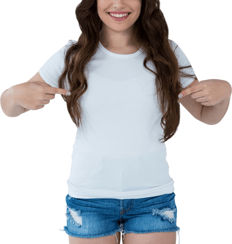 Young woman pointing at white shirt on transparent background