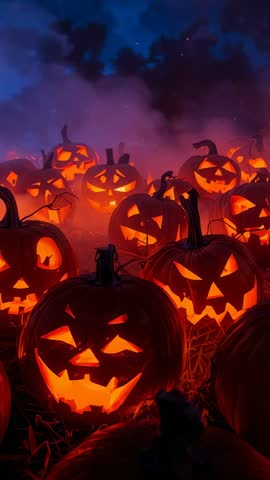 Vertical Video Flickering Jack-o'-Lanterns Glowing in Misty Night Pumpkin Patch