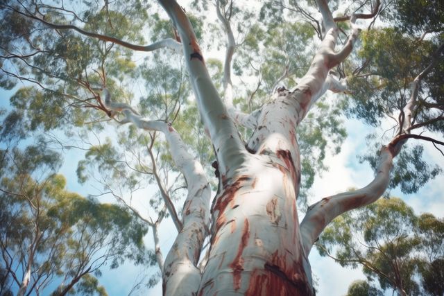 A towering eucalyptus tree stands tall against a cloudy sky. Its peeling bark and lush canopy showcase the tree's natural beauty and resilience.