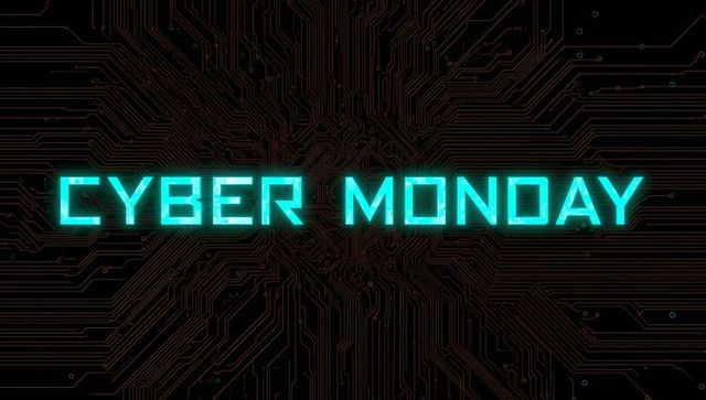 Glowing cyber monday neon circuitry banner with futuristic turquoise text