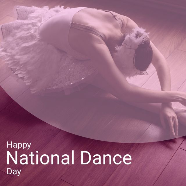 Image shows a ballerina in a graceful dance pose on National Dance Day, wearing a tutu and stretching on a wooden dance floor. Ideal for advertisements celebrating National Dance Day, promotions for dance academies, ballet-themed blog posts, or arts and culture materials highlighting the elegance of dance.
