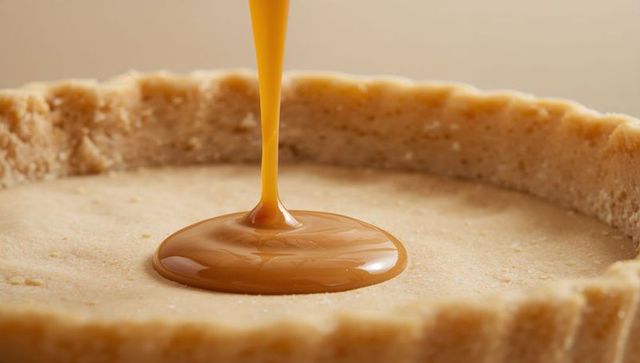 Golden caramel pouring into shortbread tart shell, shiny pooled filling closeup macro