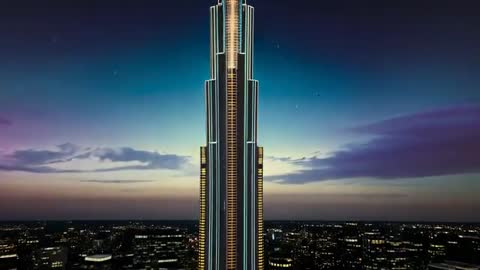 Pulling Back Camera Revealing Neon-Outlined Skyscraper and City Skyline at Dusk