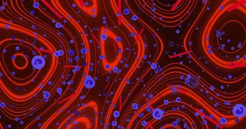 Violet Microbial Cells on Dynamic Red Wave Background