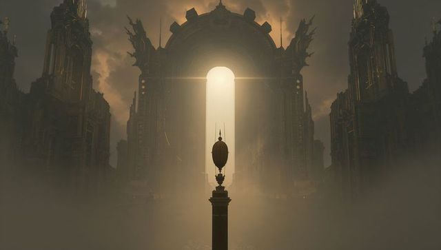 Backlit gothic baroque portal with ornate egg orb pedestal, dramatic fog and symmetry