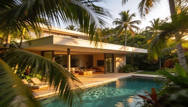Modern tropical villa opening onto lush poolside patio with sliding glass doors and private pool
