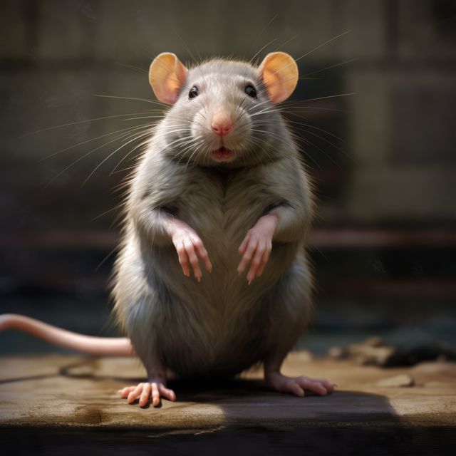 A curious rat is standing on its hind legs with its front paws raised, illuminated by sunlight. Its fur is well-groomed and its whiskers are sharply detailed. Ideal for educational materials on rodents, pet care guides, wildlife photography collections, or children’s books featuring animal characters.