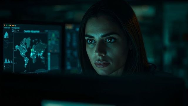 Female cybersecurity analyst monitoring global threat map on multiple screens