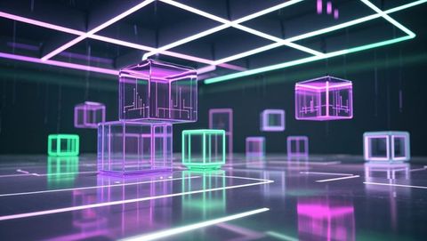 Translucent Neon Cubes Float in Futuristic Digital Space