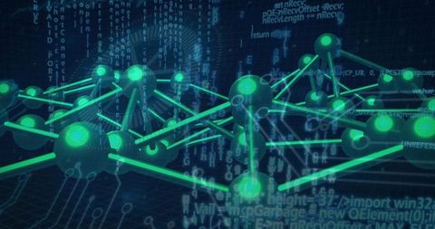 Neon Network Lattice with Glowing Teal Nodes and Floating Code for Futuristic Tech