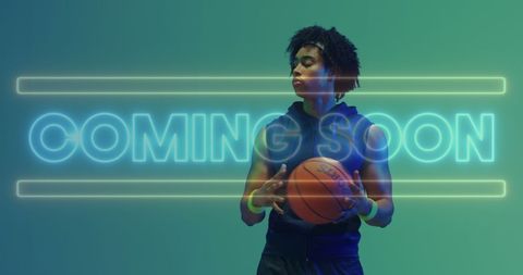 Neon coming soon overlay on basketball player