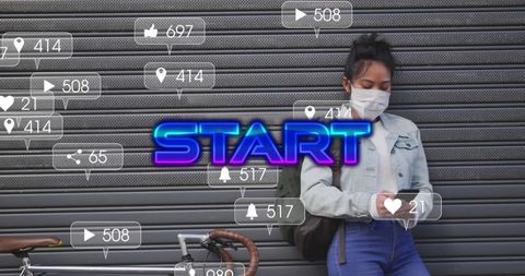 Woman in Mask Checking Social Media Notifications Outdoors