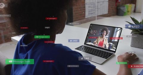 Remote professional joining video meeting with presenter on laptop for hybrid teamwork