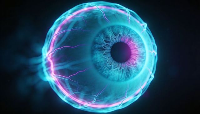 Glowing neon cyber eye spinning in dark void with plasma tendrils and futuristic iris orb
