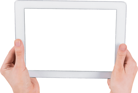 Hands holding digital tablet with transparent background for copy space