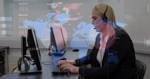 Businesswoman Using Headset with Global Data Overlay