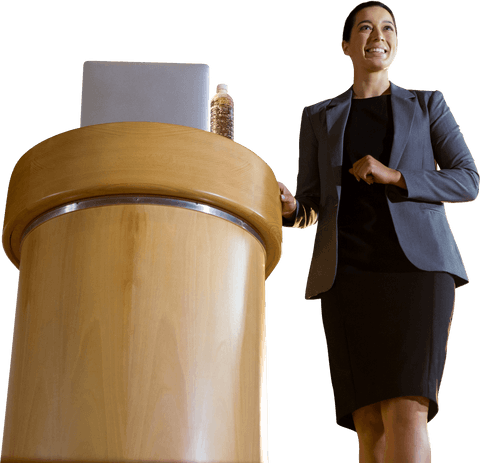 Confident businesswoman presenting at wooden podium on transparent background