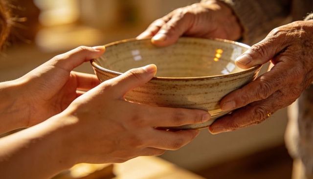 Passing ceramic bowl between senior and adult hands sharing warm family meal moment and tradition