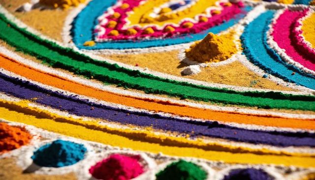 Vibrant rangoli powder art creating concentric colorful sand rings and textured mounds