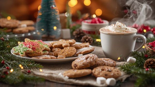 Festive Hot Chocolate and Christmas Cookies by Fireplace