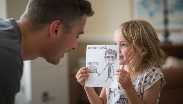 Young girl showing handmade report card to smiling father, playful family moment at home