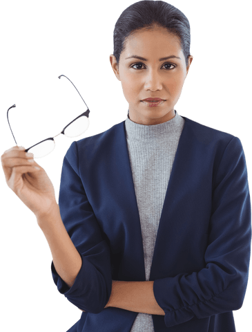 Confident businesswoman holding eyeglasses transparent background