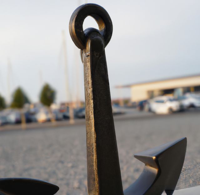 A close-up of a black metal anchor with a blurred background, suggesting a maritime setting. The anchor's clean lines and detailed surface capture attention, while the indistinct background gives a sense of depth and focus. Suitable for use in marine industry advertisements, coastal-themed designs, boating websites, or maritime educational materials.