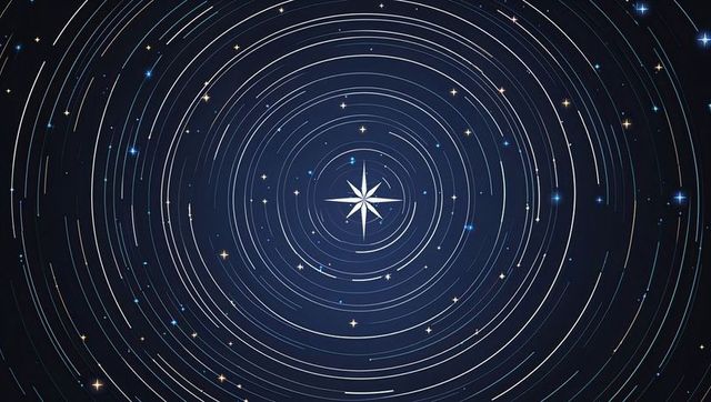 Compass rose emitting cosmic light trails amidst star field