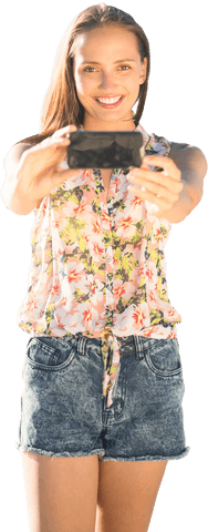 Caucasian woman using smartphone on transparent background