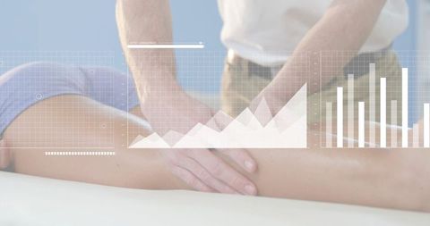 Therapist hands performing thigh massage with data overlay for rehab and wellness clinic