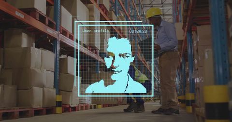 Futuristic face scanning in warehouse environment
