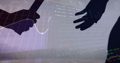 Silhouettes Passing Baton Over Financial Data and Sports Track Blend - Download Free Stock Images Pikwizard.com