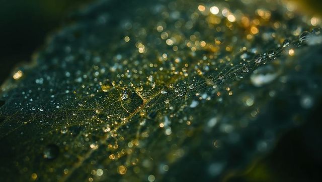 Glistening dew drops on green leaf vein, golden bokeh macro closeup for nature design